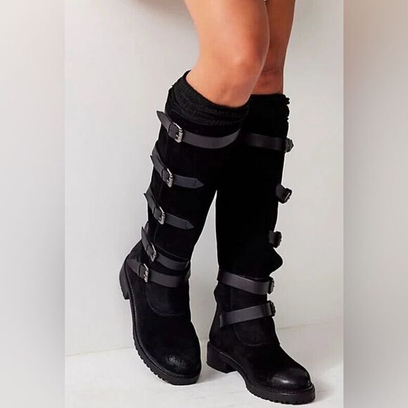 Free People Shoes - Free People Tristie Tall Suede Lug Sole Buckle Boot in Black